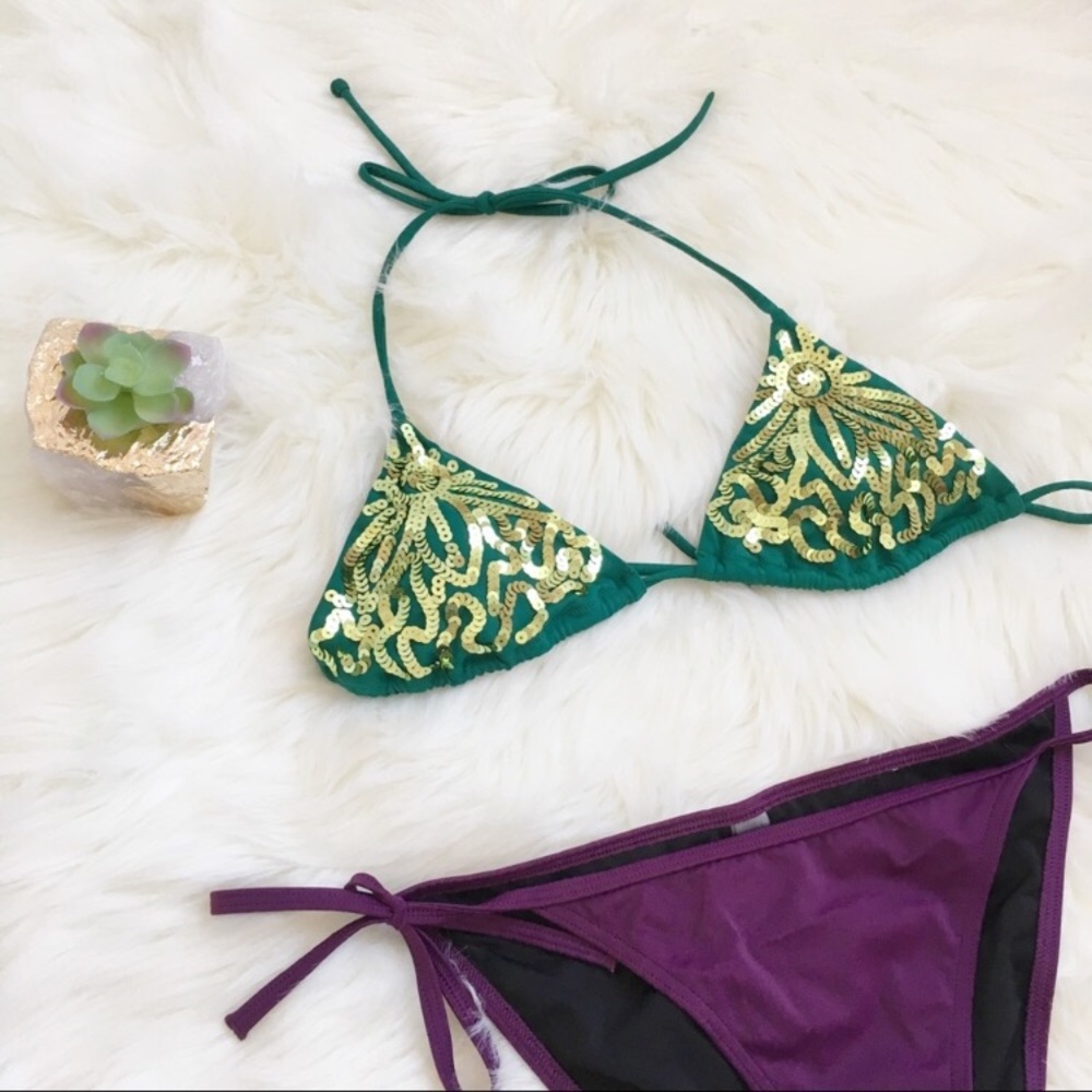 Green Sequin Bikini Top